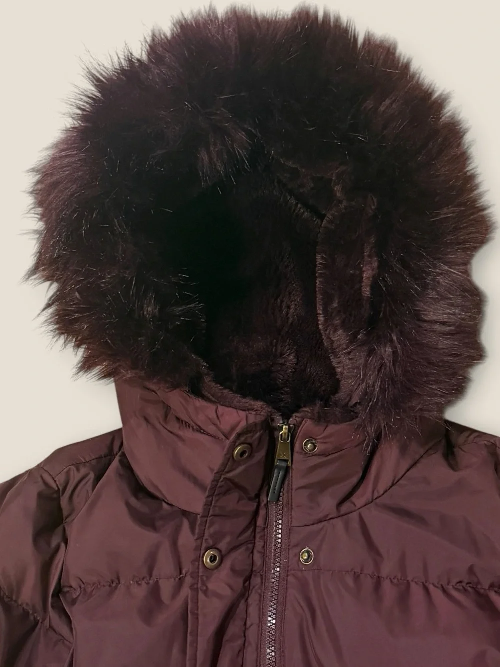 Ralph Lauren Deep Plum Long Puffer Coat with Faux Fur Hood Medium